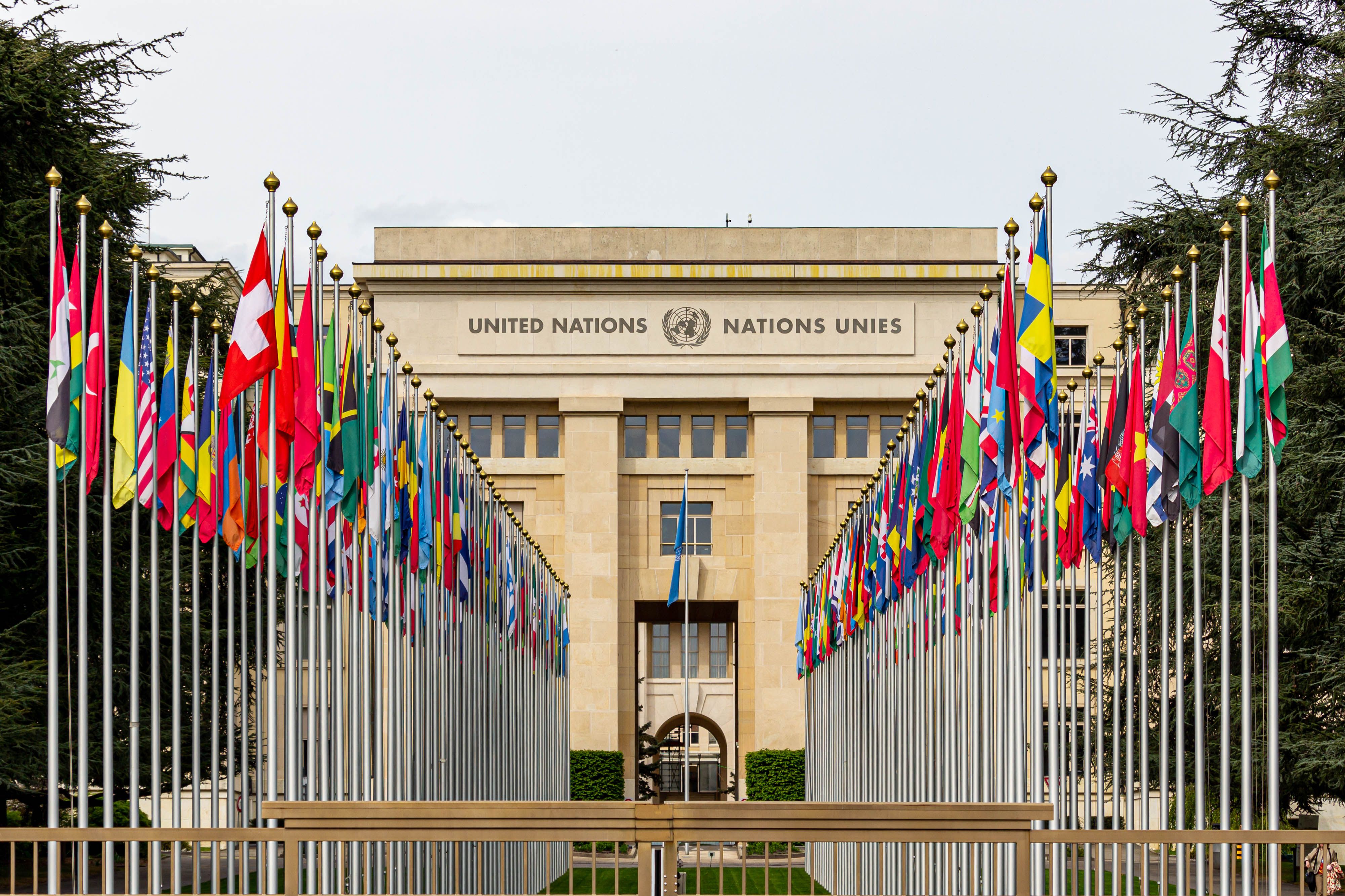 United Nations Office in Geneva lined with the flags of many countries, symbolizing multilateral diplomacy